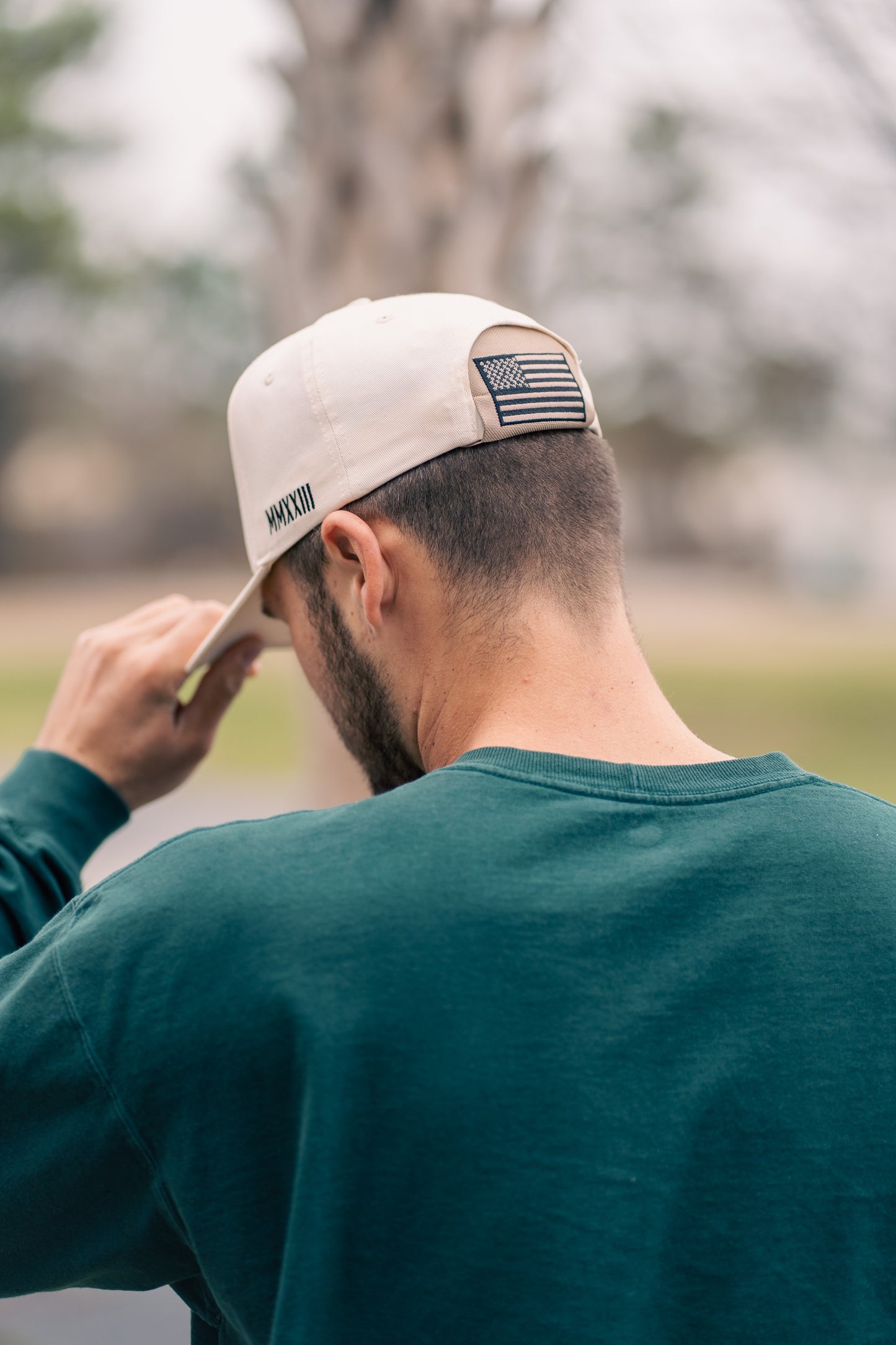 American Flag Kap-Bak worn on cap - back view lifestyle
